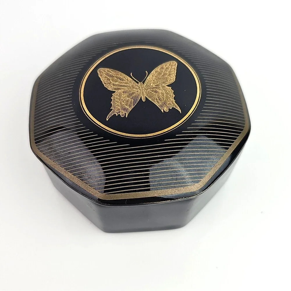 Papillon Otagiri Black Porcelain Trinket Box 3 inch Diameter Gold Tone Butterfly
